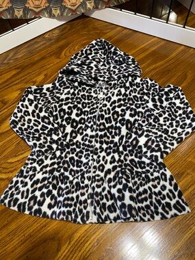 Leopard Print Hooded Zip-Up Fleece Jacket - Black, White, Tan